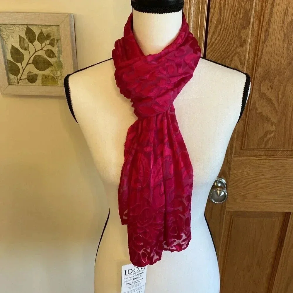 Women's Rectangular Long Tie Dye Scarf Fuchsia Hand Dyed Satin 14x72